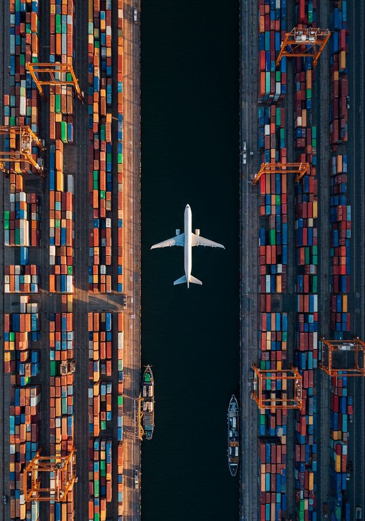 Airplane above containers