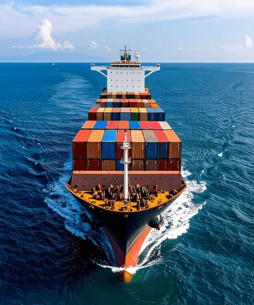Container terminal with cargo ship and cranes